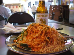 A favourite beer pairing -- mountain of pad thai and a   dry, crisp Thai lager like Singha. (Good Luck Thai restaurant, in Lan Kwai Fong, Hong Kong)